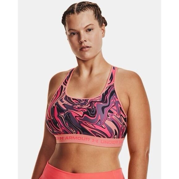 Under Armour UA Women's Plus Size 1X Crossback Mid Impact Sports Bra Logo Peach - Picture 1 of 10